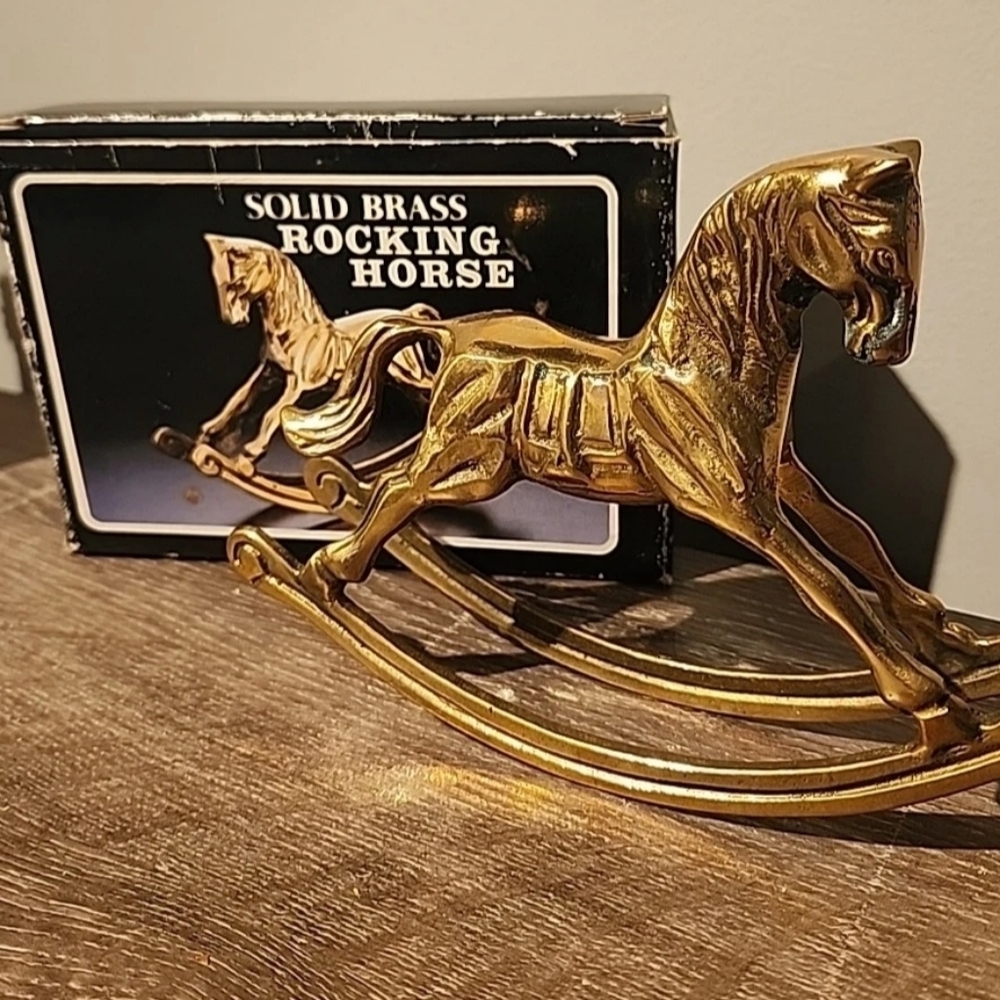 Vintage Solid Brass Rocking Horse Figurine Desk Décor or Paperweight Heavy W Box